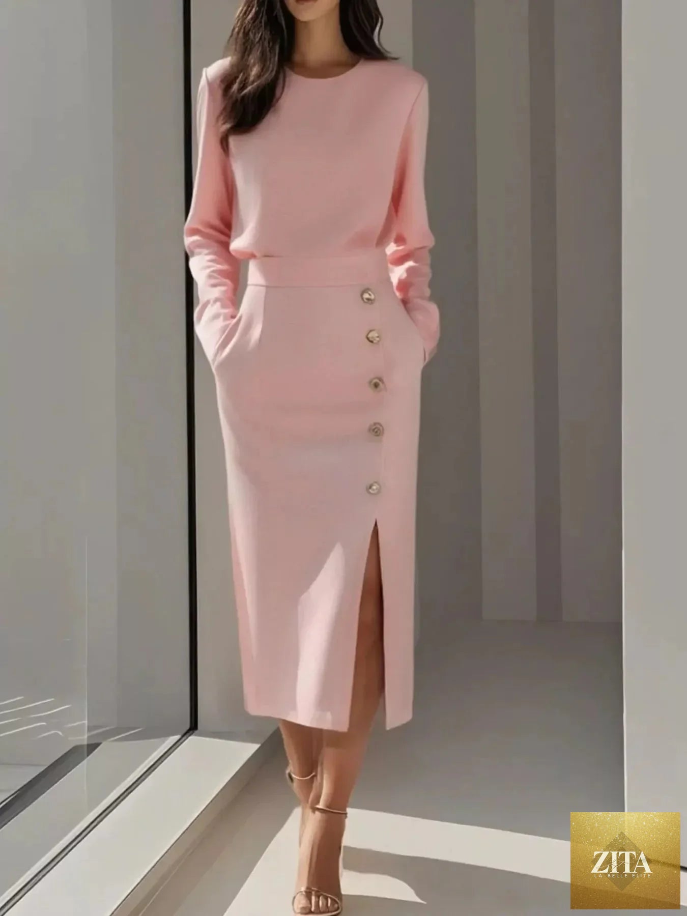Shopiebay long sleeve midi dress with button details and side slit, featuring a stylish and elegant design.