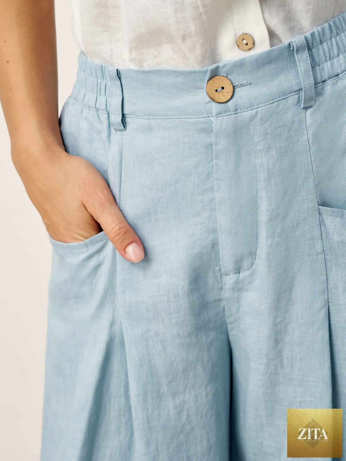 100% Linen Sculpted Pleat Elasticated Back Relaxed Pants VERIDIANA