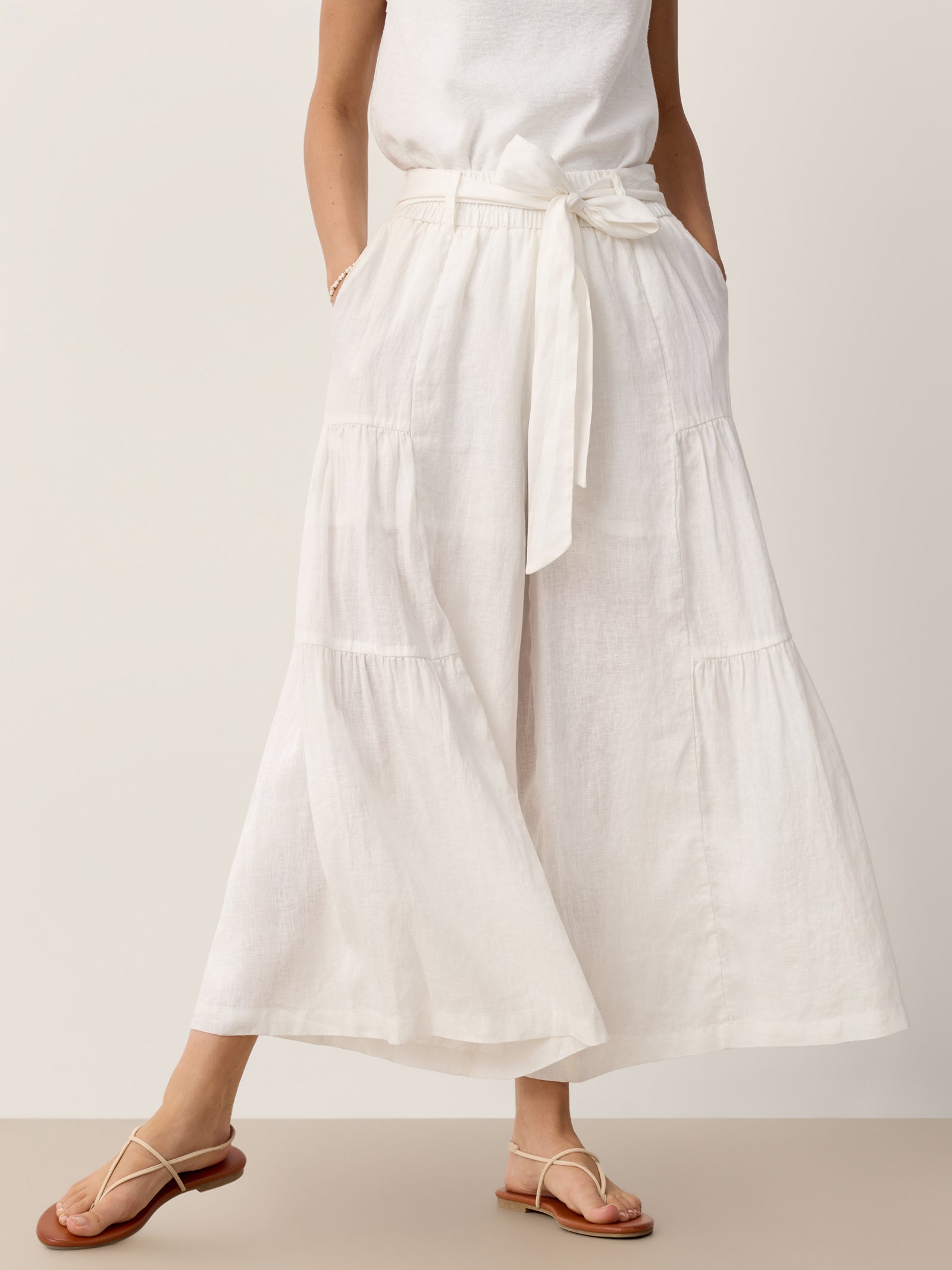 100% Linen Bow-Waist Tiered Pants TARYN