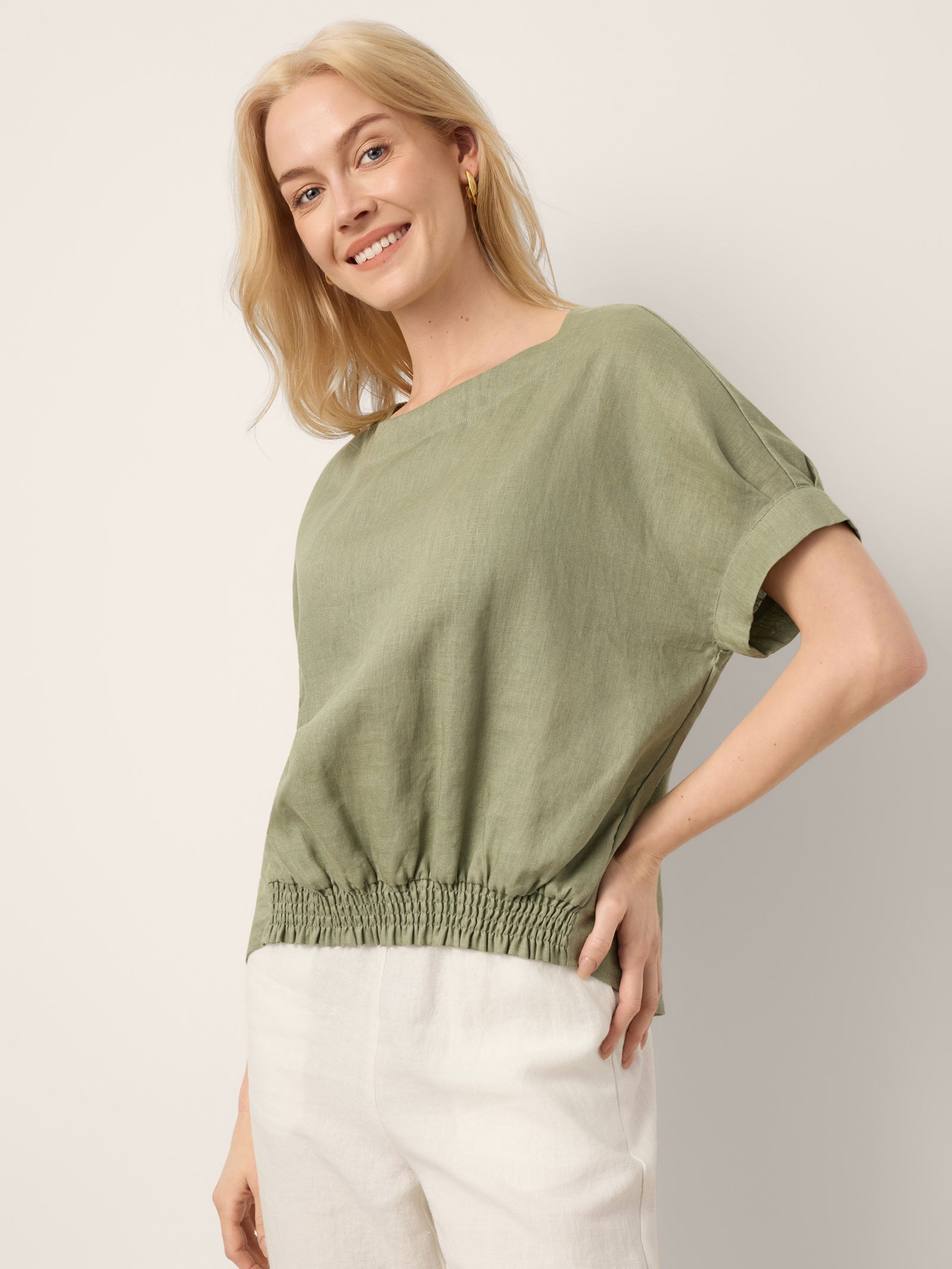 100% Linen Drop Shoulder Split-Back Double Shirred Hem Top LINDSEY