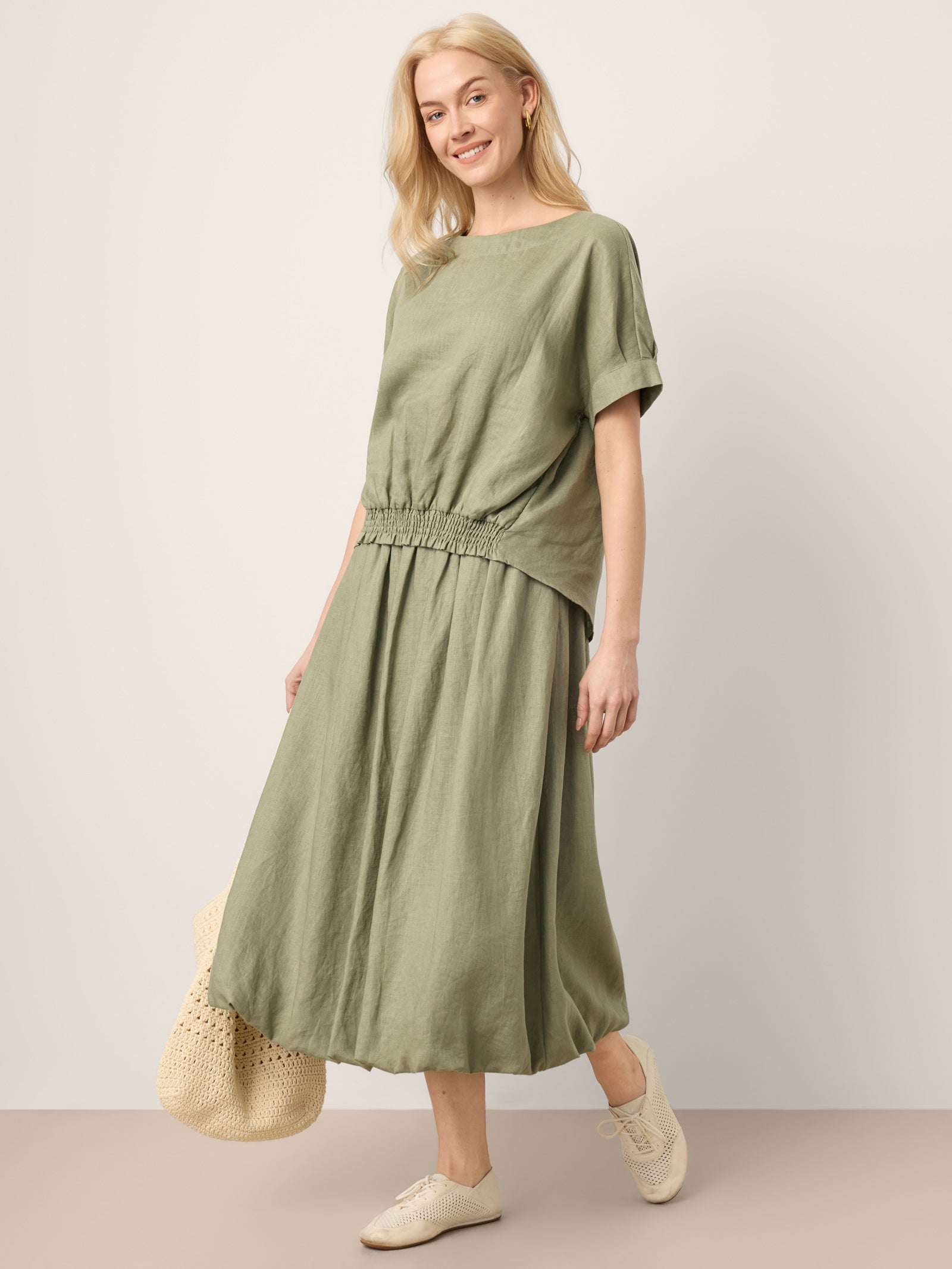 100% Linen Drop Shoulder Split-Back Double Shirred Hem Top LINDSEY