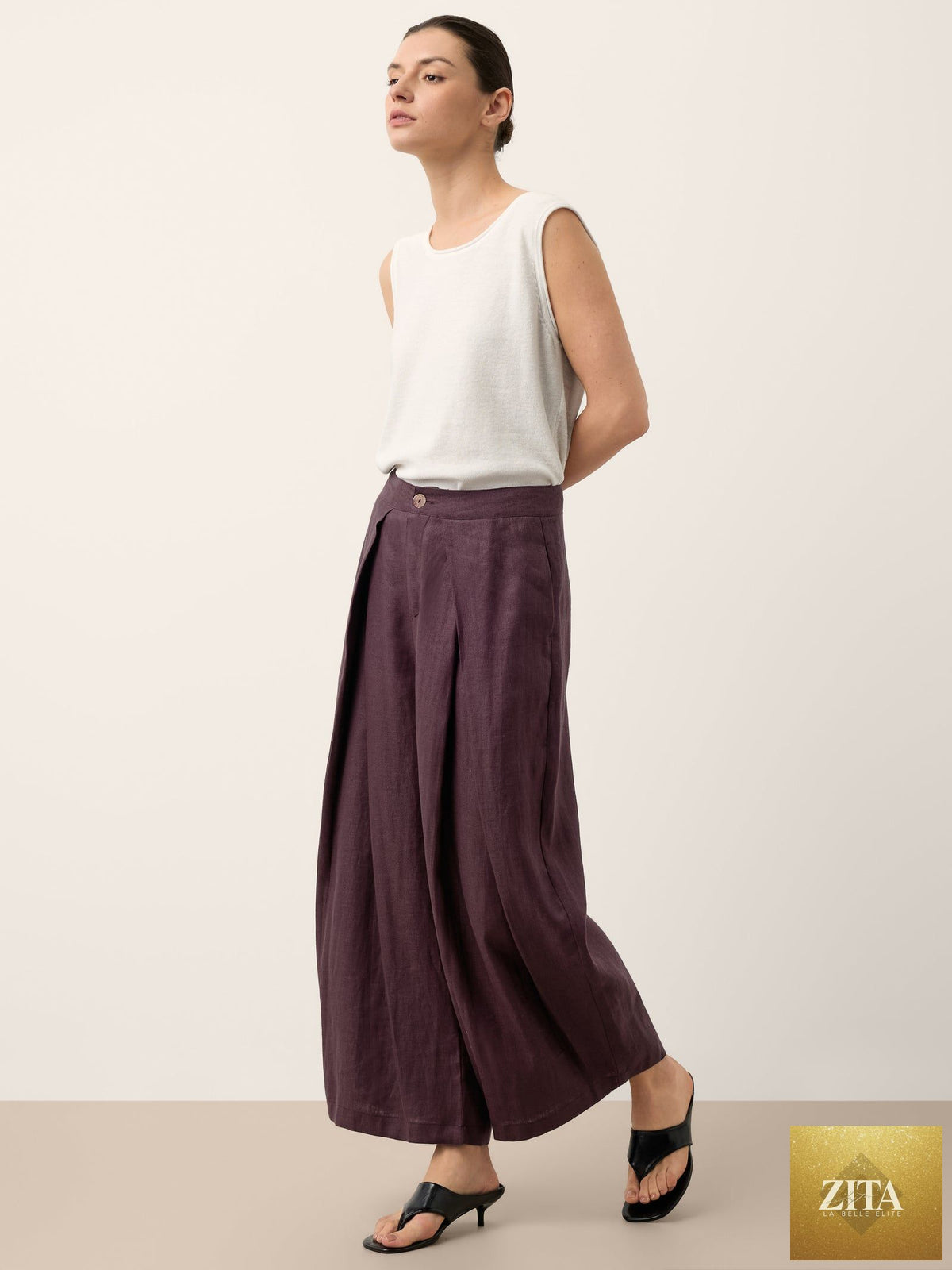 100% Linen Yarn Dyed Pleated Wide Leg Culottes PALOMA