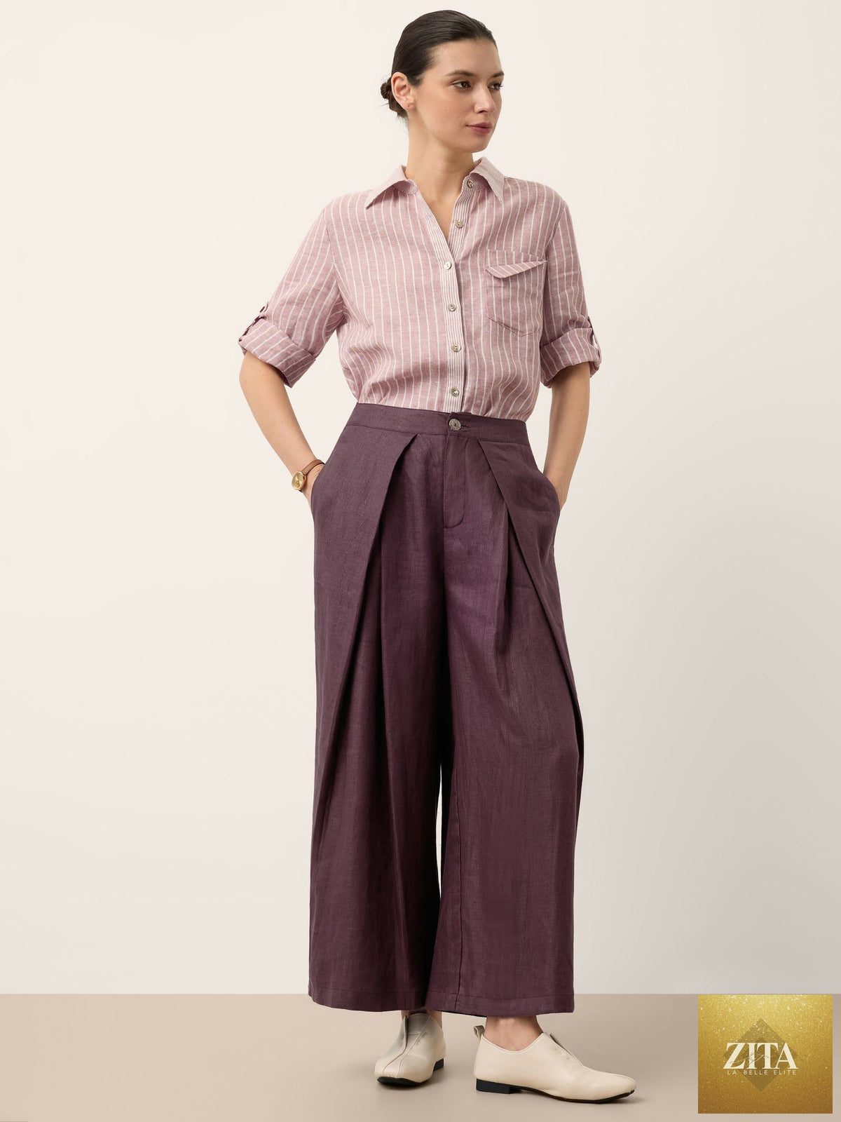 100% Linen Yarn Dyed Pleated Wide Leg Culottes PALOMA