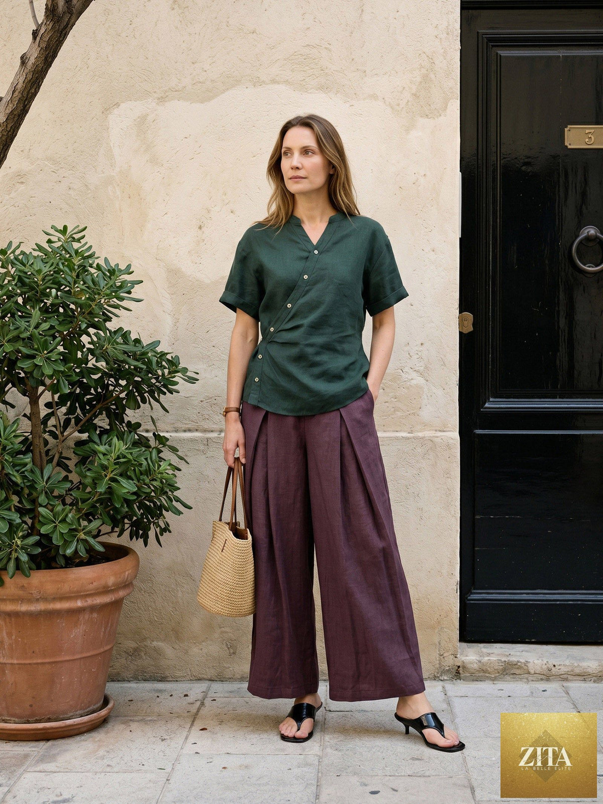 100% Linen Yarn Dyed Pleated Wide Leg Culottes PALOMA