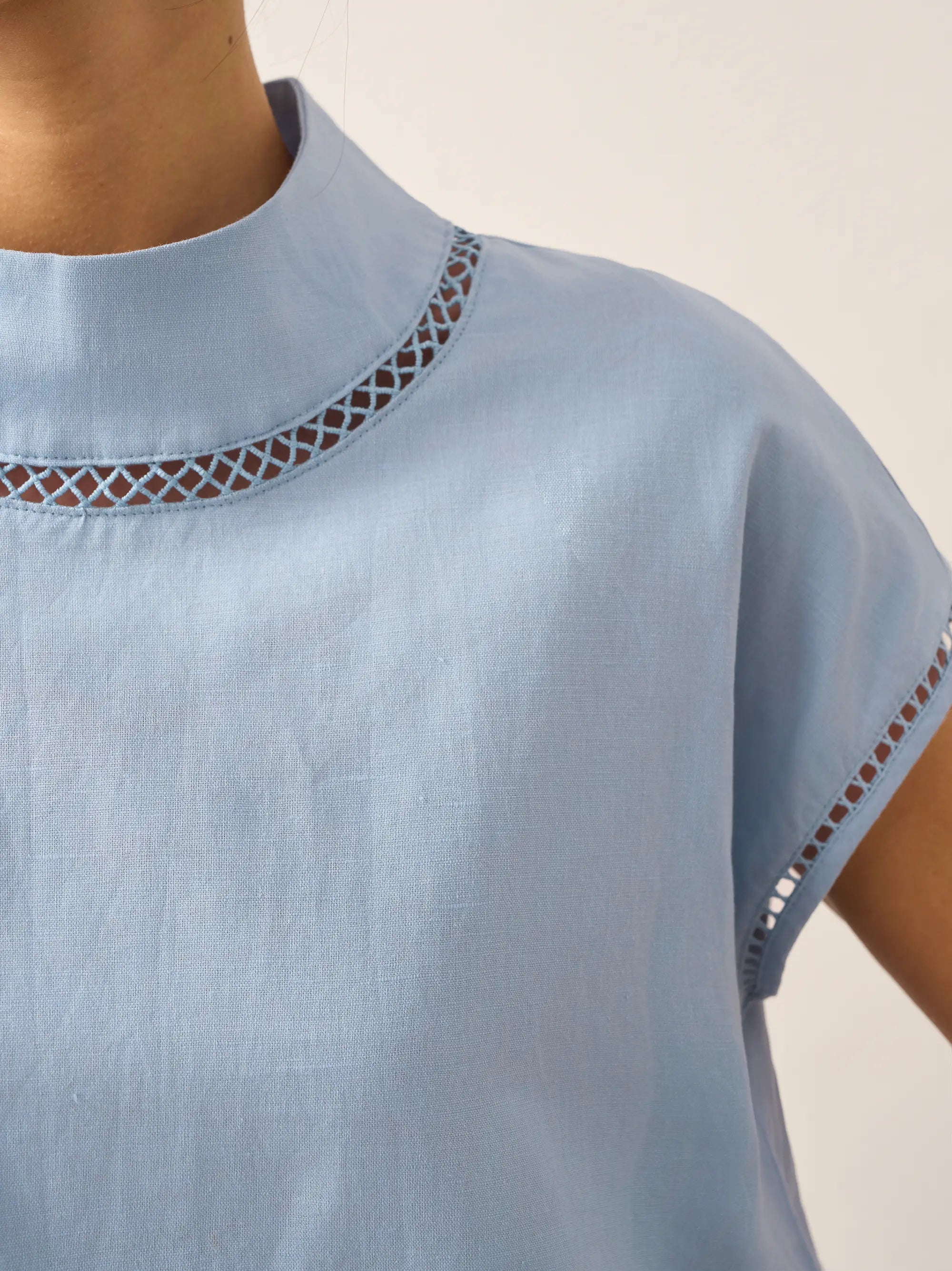 100% Linen Gingham Checked Cutout Turtleneck Top CAROL