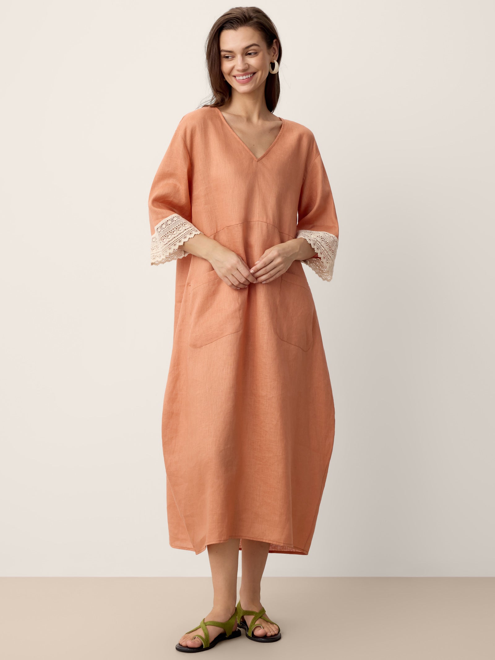 100% Linen Lace-Cuff Cocoon Maxi Dress PETRA