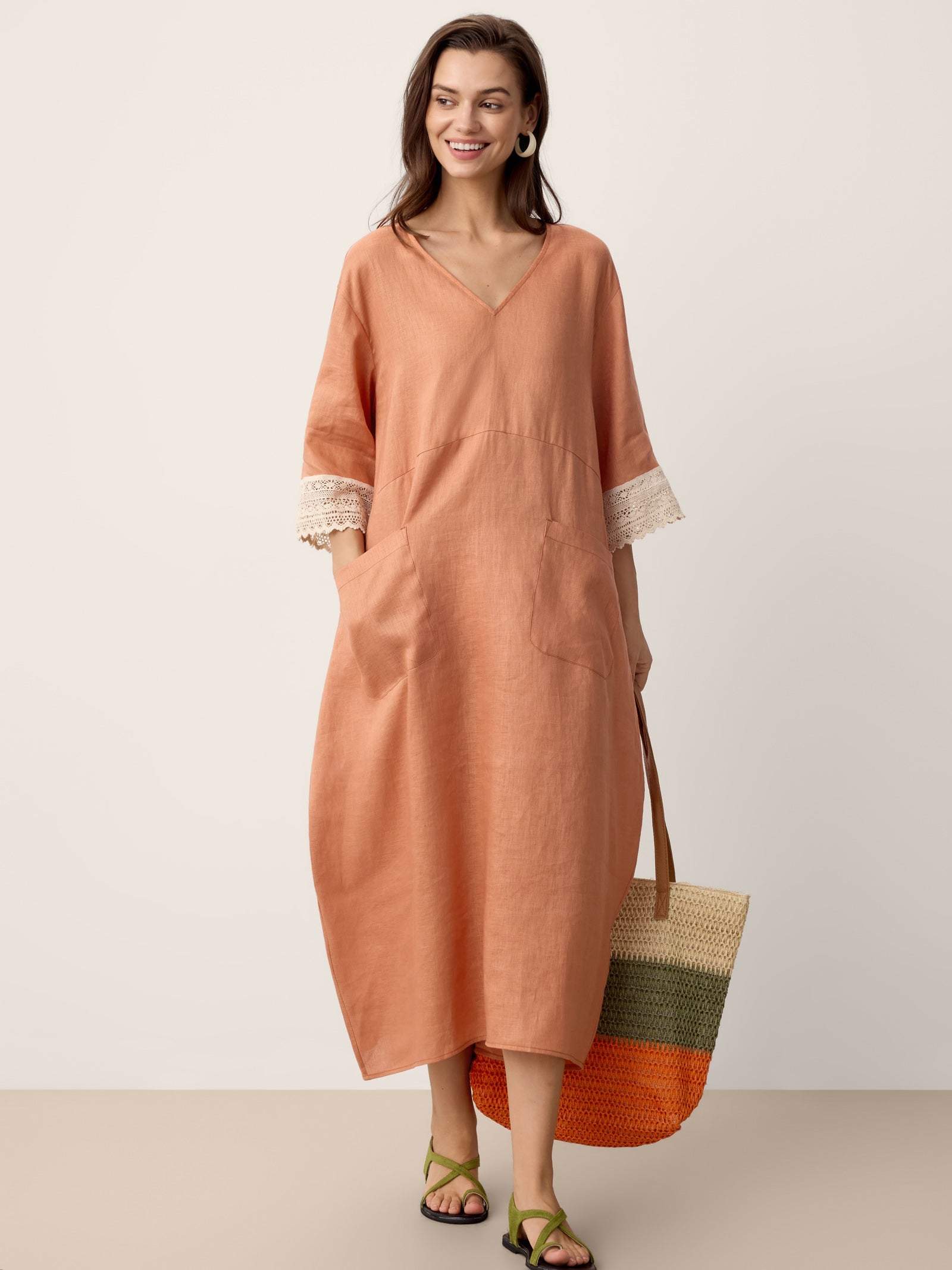 100% Linen Lace-Cuff Cocoon Maxi Dress PETRA