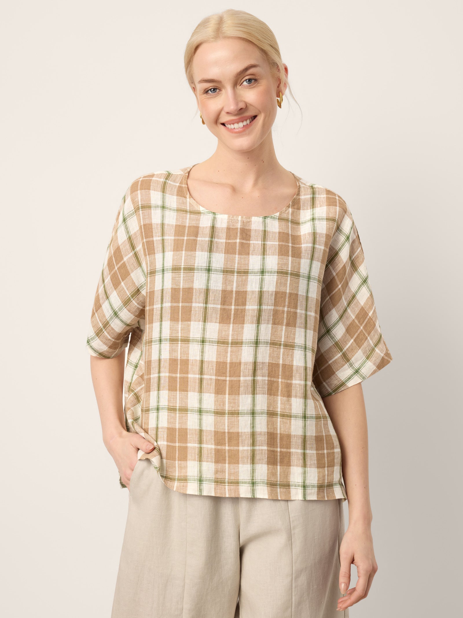 100% Linen Plaid Drop Shoulder Side Slit Top LORNA