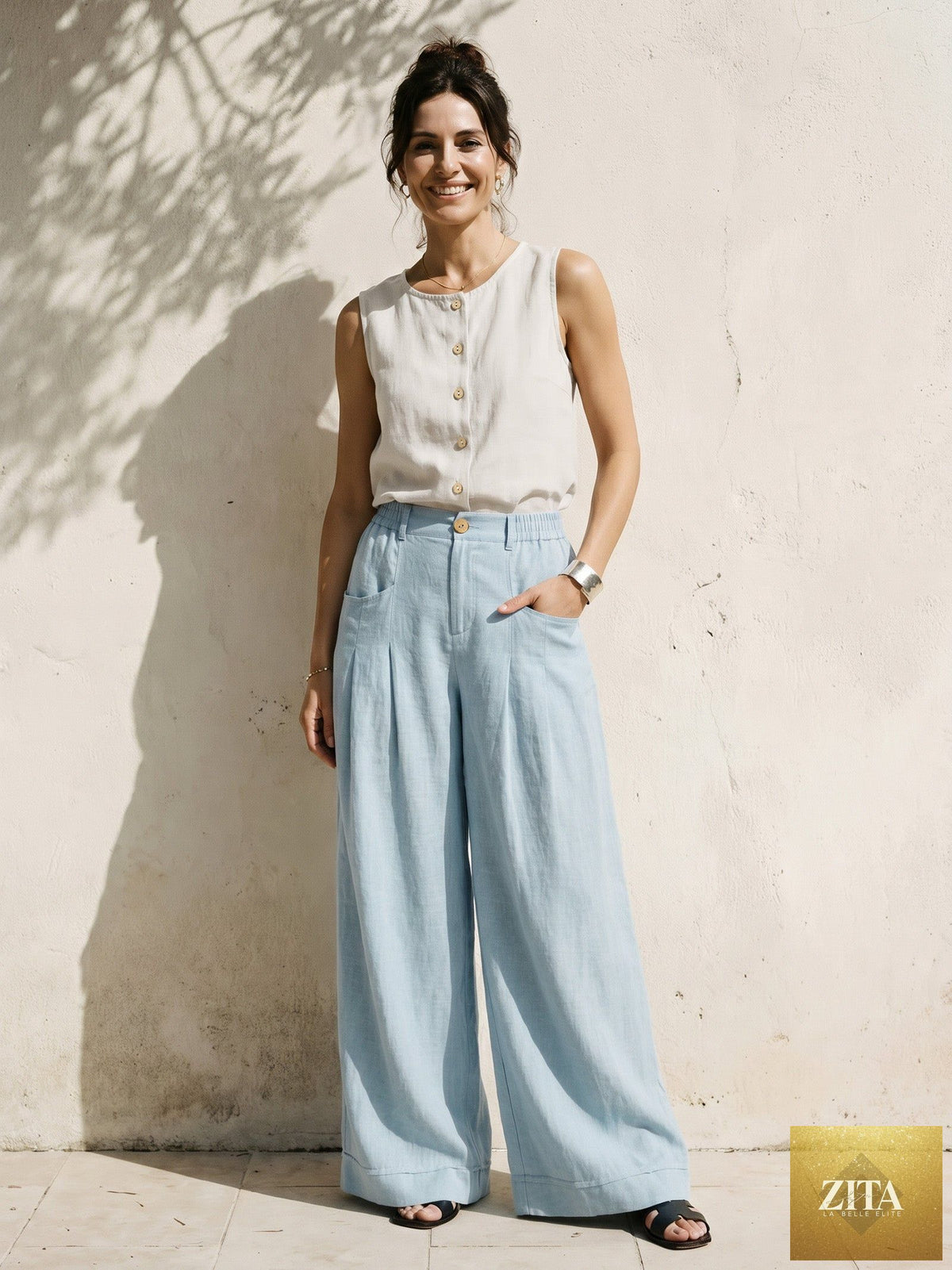 100% Linen Sculpted Pleat Elasticated Back Relaxed Pants VERIDIANA