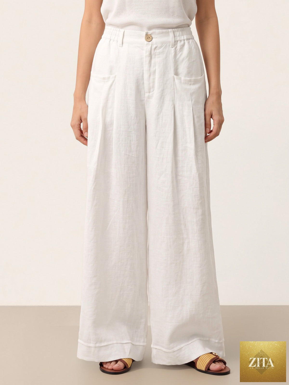 100% Linen Sculpted Pleat Elasticated Back Relaxed Pants VERIDIANA