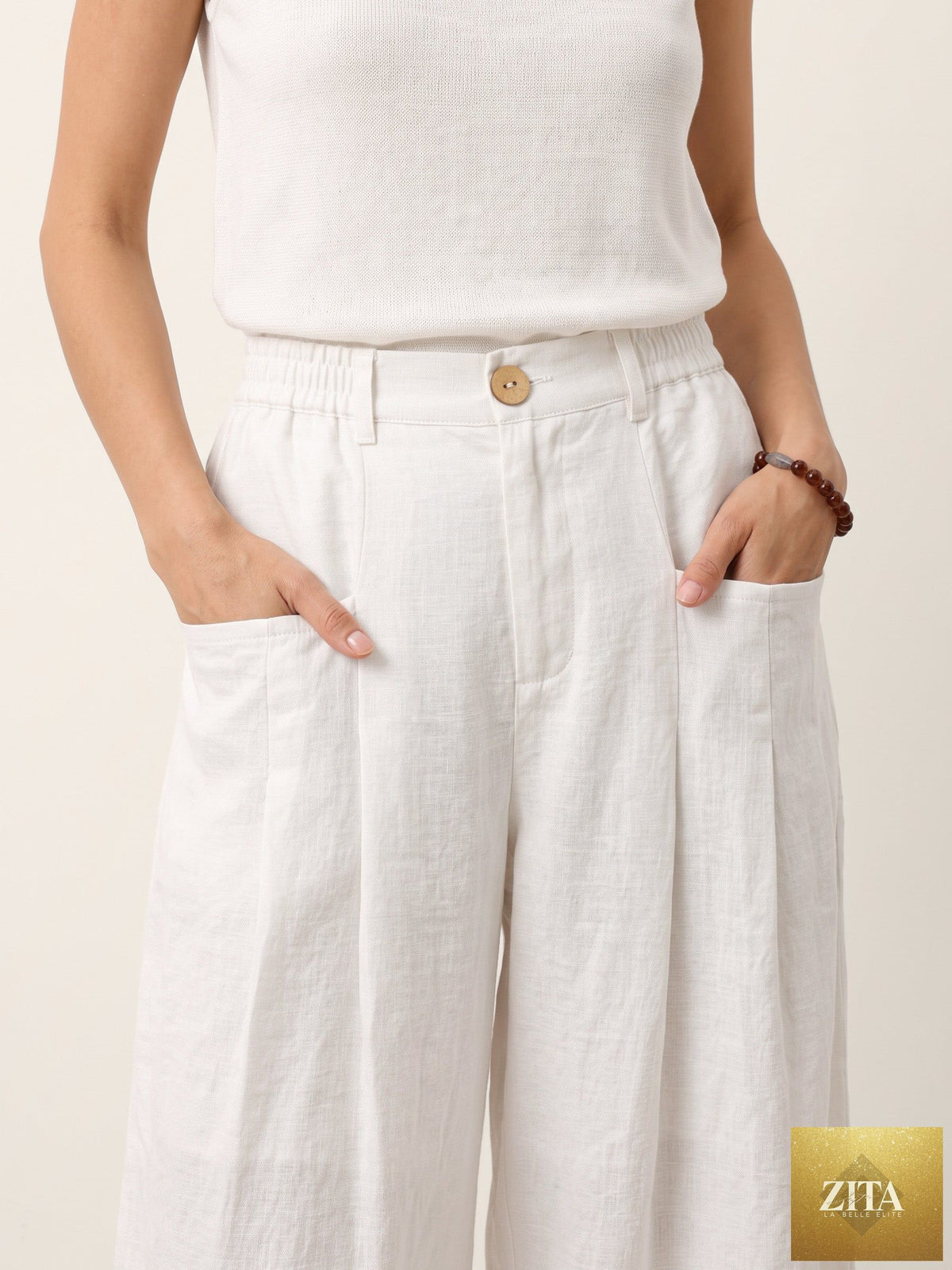 100% Linen Sculpted Pleat Elasticated Back Relaxed Pants VERIDIANA