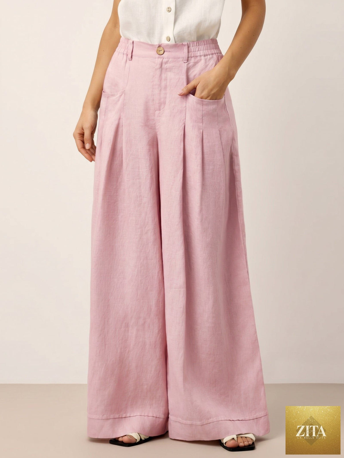 100% Linen Sculpted Pleat Elasticated Back Relaxed Pants VERIDIANA