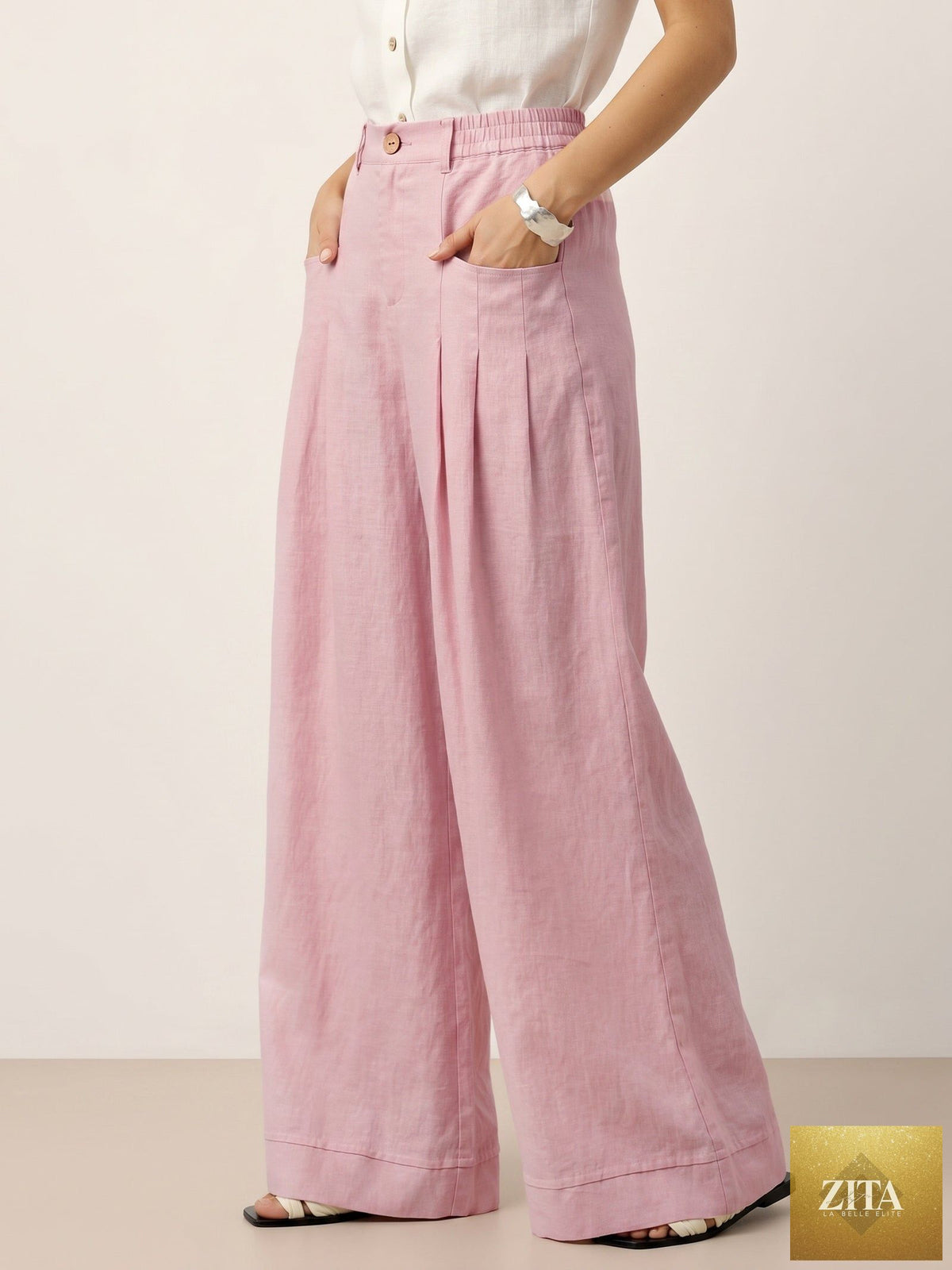 100% Linen Sculpted Pleat Elasticated Back Relaxed Pants VERIDIANA