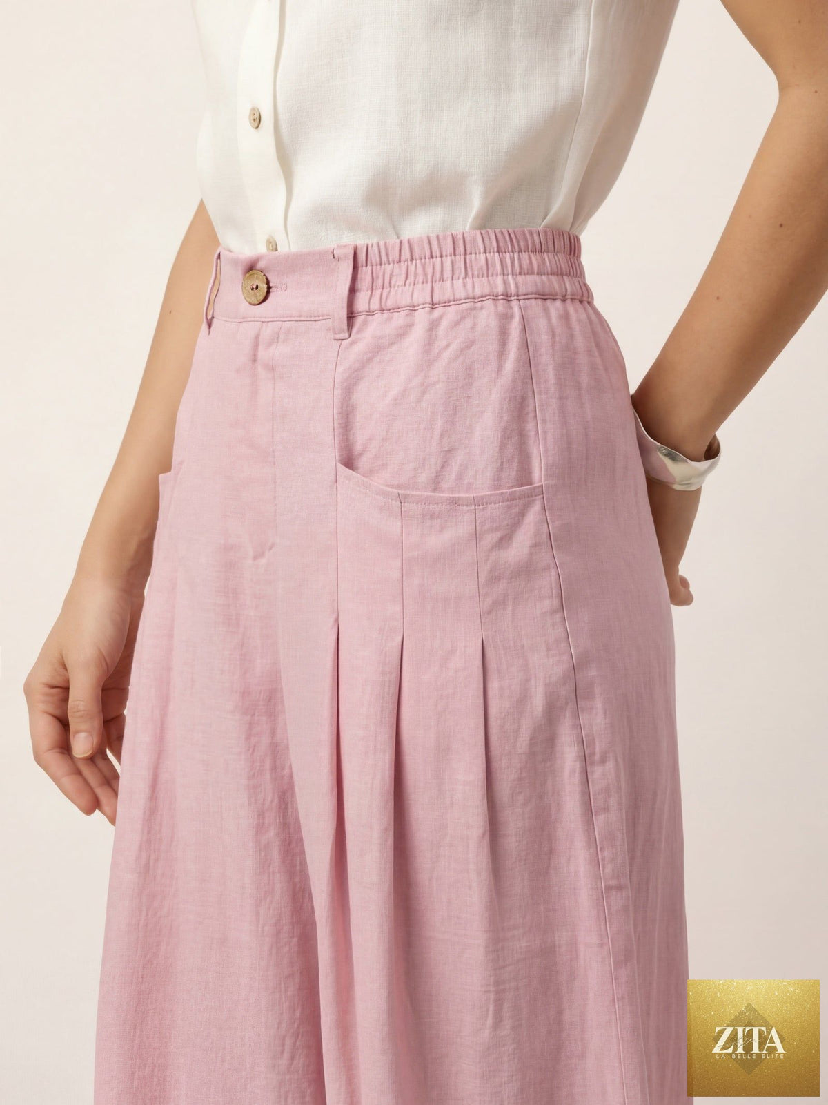 100% Linen Sculpted Pleat Elasticated Back Relaxed Pants VERIDIANA
