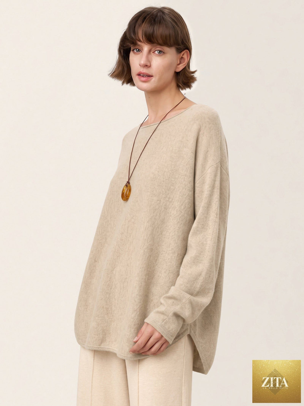 100% Mongolian Cashmere Hand-Finished Rolled Edge Knit Top AMARA