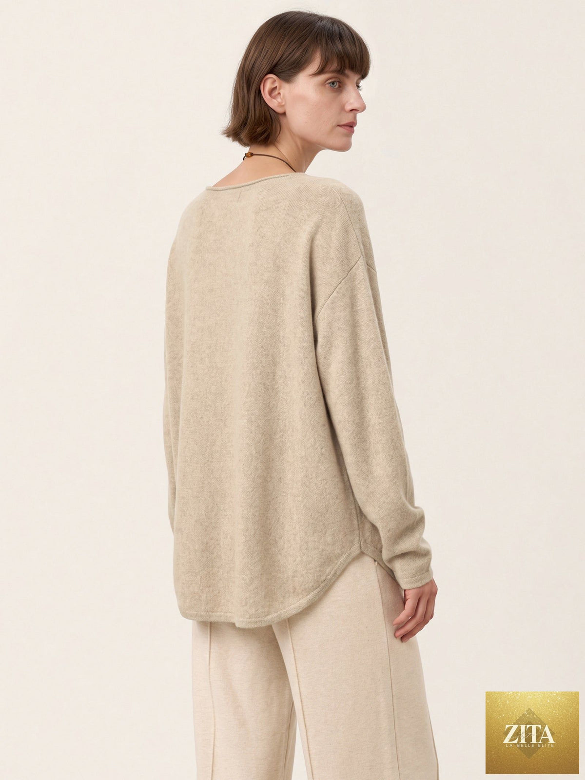 100% Mongolian Cashmere Hand-Finished Rolled Edge Knit Top AMARA