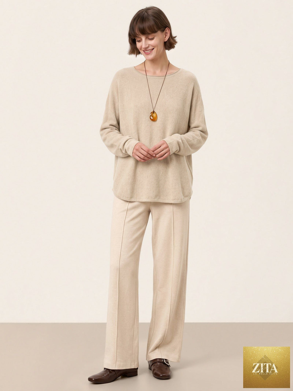 100% Mongolian Cashmere Hand-Finished Rolled Edge Knit Top AMARA