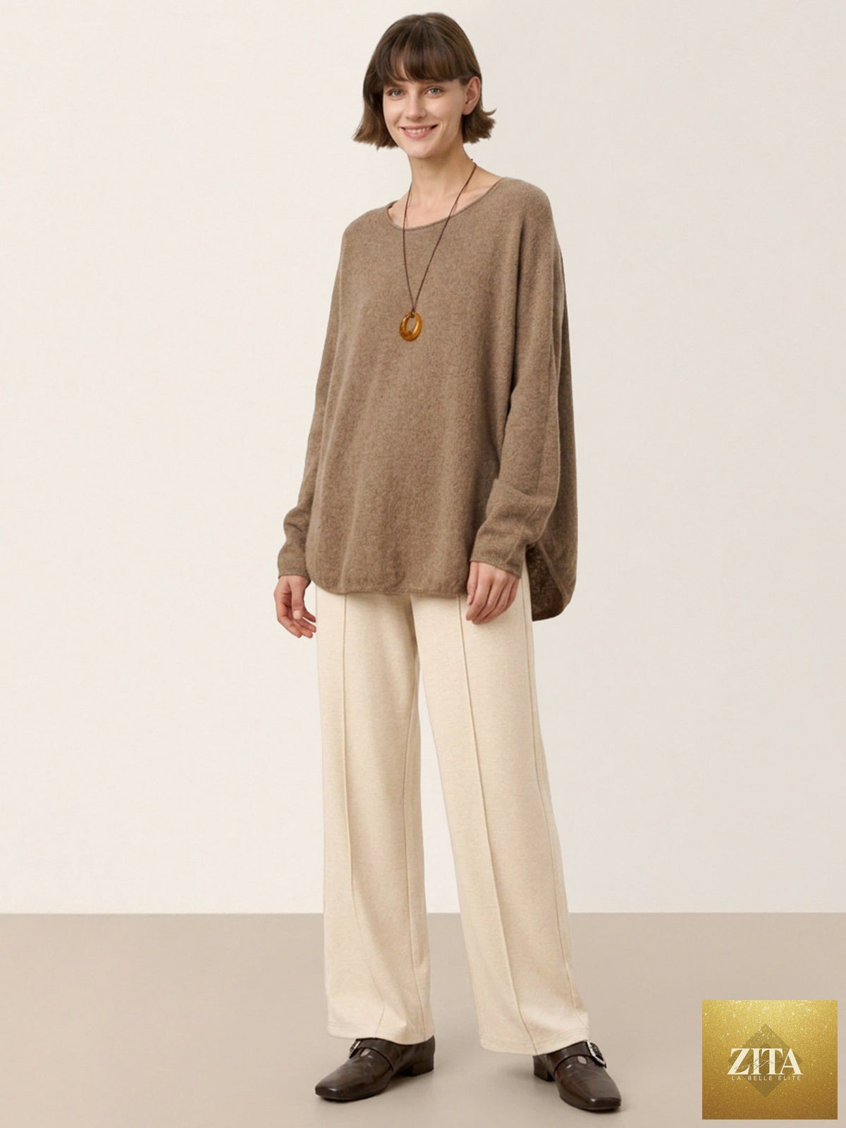 100% Mongolian Cashmere Hand-Finished Rolled Edge Knit Top AMARA