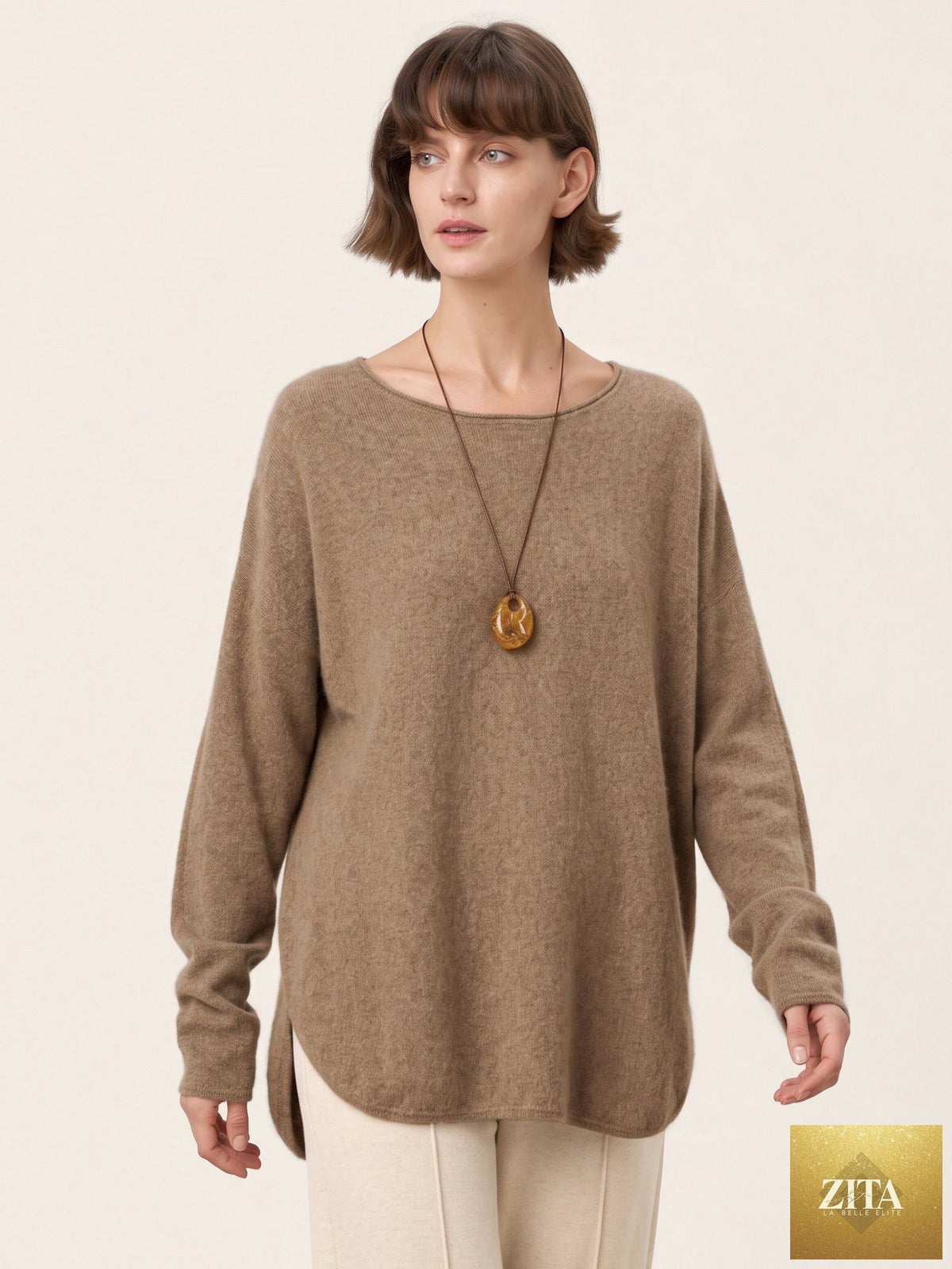 100% Mongolian Cashmere Hand-Finished Rolled Edge Knit Top AMARA