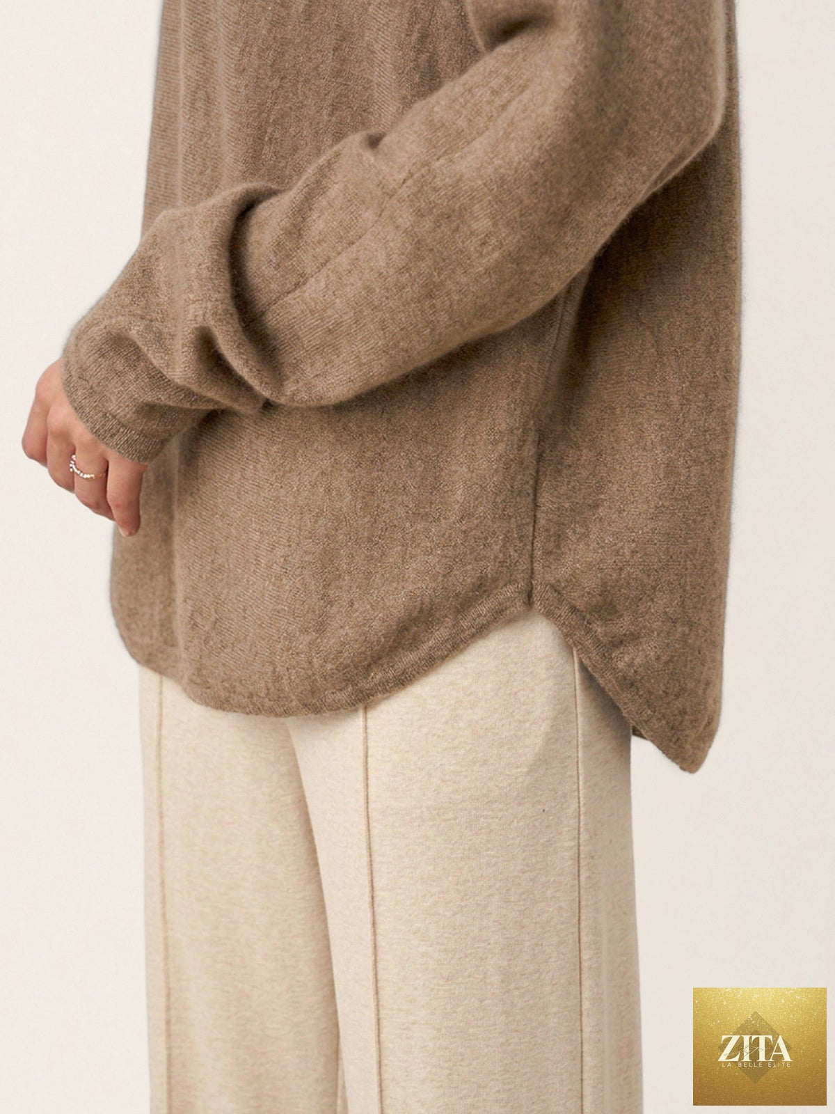 100% Mongolian Cashmere Hand-Finished Rolled Edge Knit Top AMARA