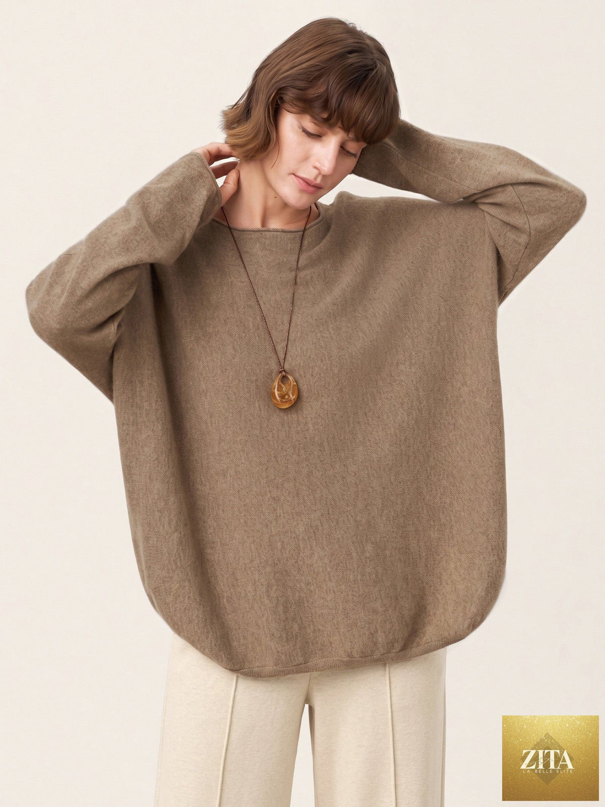 100% Mongolian Cashmere Hand-Finished Rolled Edge Knit Top AMARA
