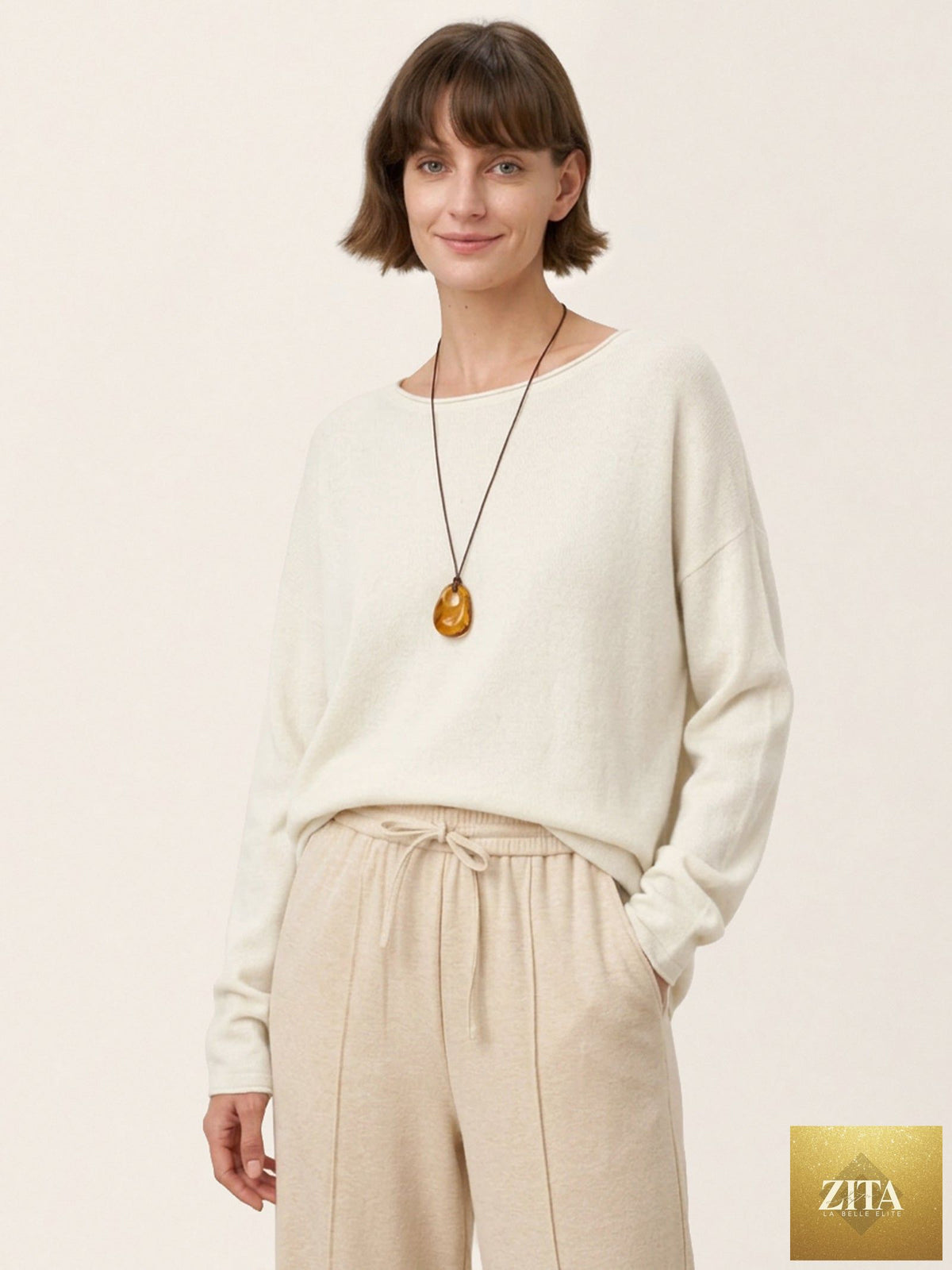 100% Mongolian Cashmere Hand-Finished Rolled Edge Knit Top AMARA