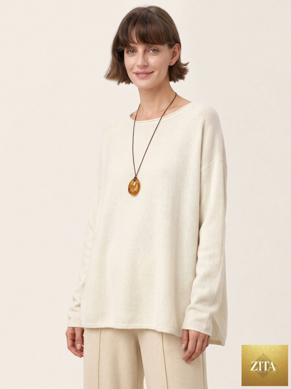 100% Mongolian Cashmere Hand-Finished Rolled Edge Knit Top AMARA