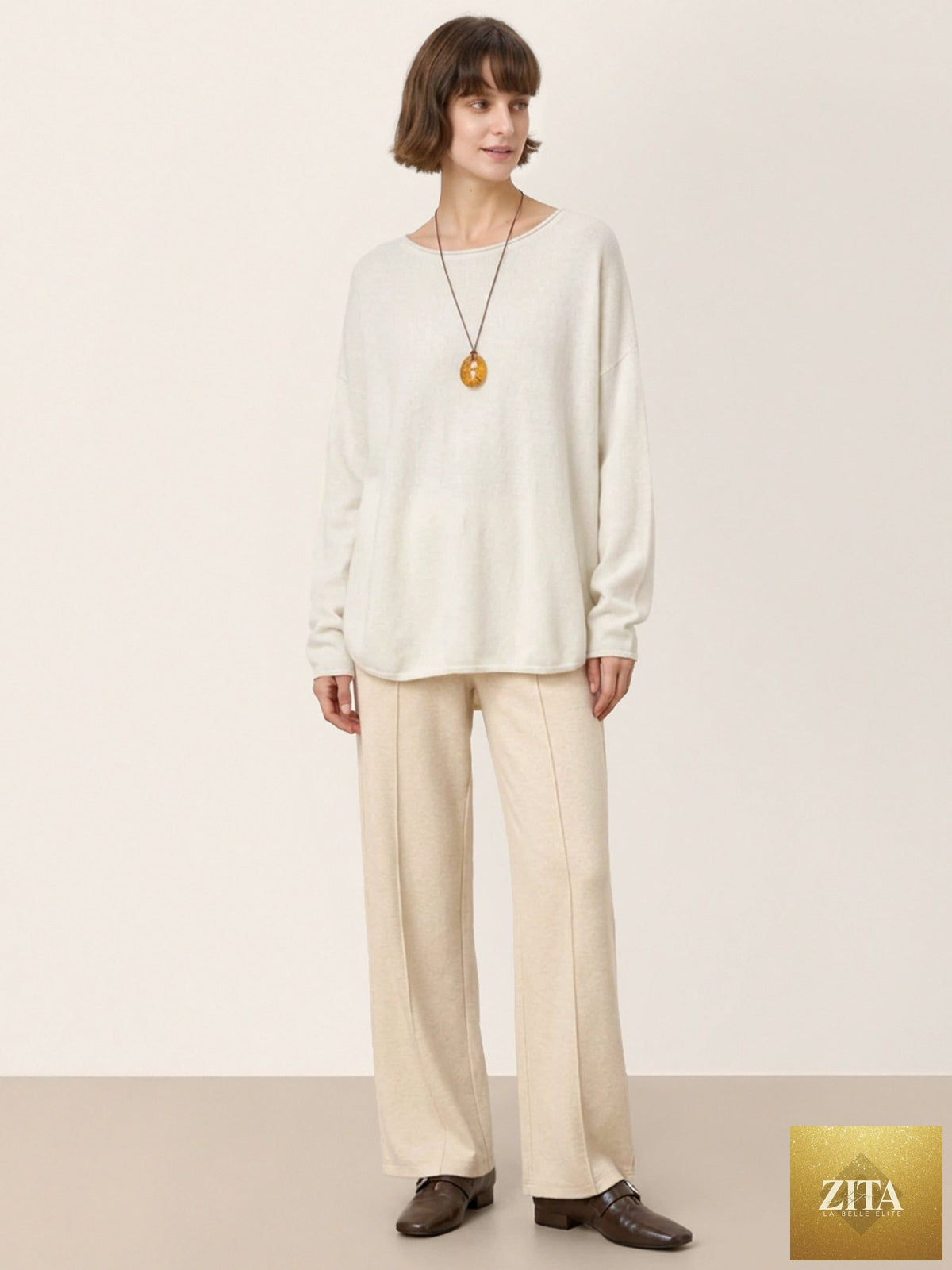 100% Mongolian Cashmere Hand-Finished Rolled Edge Knit Top AMARA