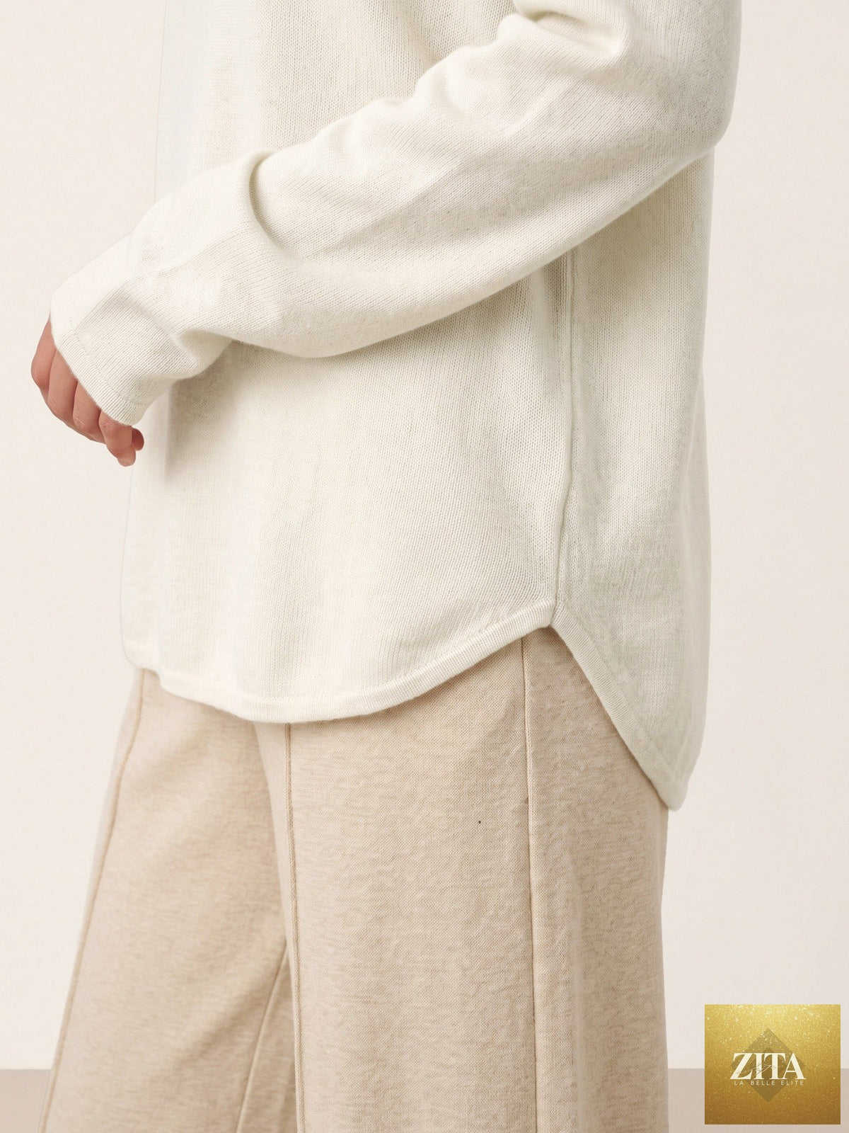 100% Mongolian Cashmere Hand-Finished Rolled Edge Knit Top AMARA