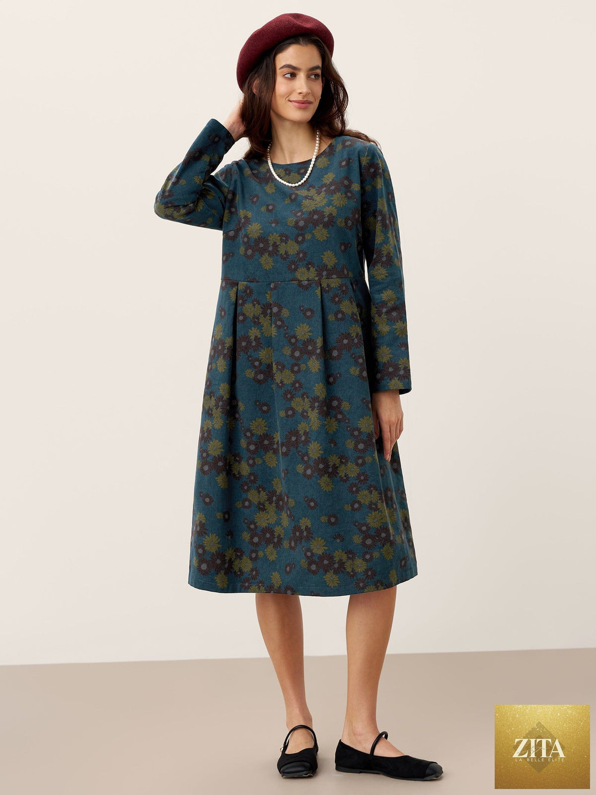 100% Organic Cotton Ruched Print Boat Neck Midi Dress CRESSIDA