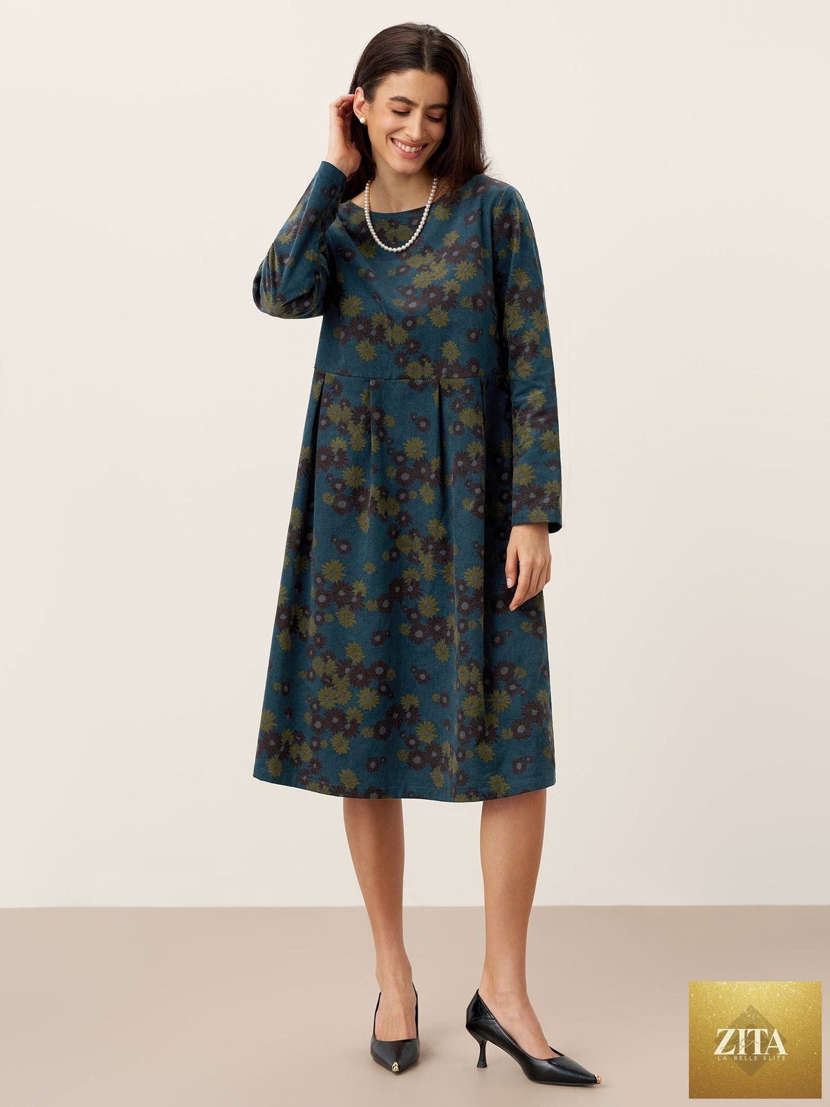 100% Organic Cotton Ruched Print Boat Neck Midi Dress CRESSIDA