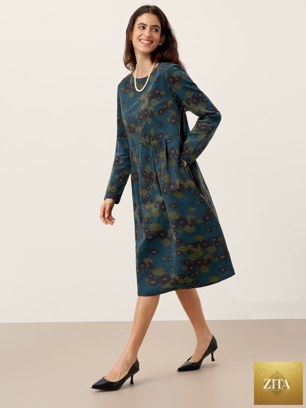 100% Organic Cotton Ruched Print Boat Neck Midi Dress CRESSIDA