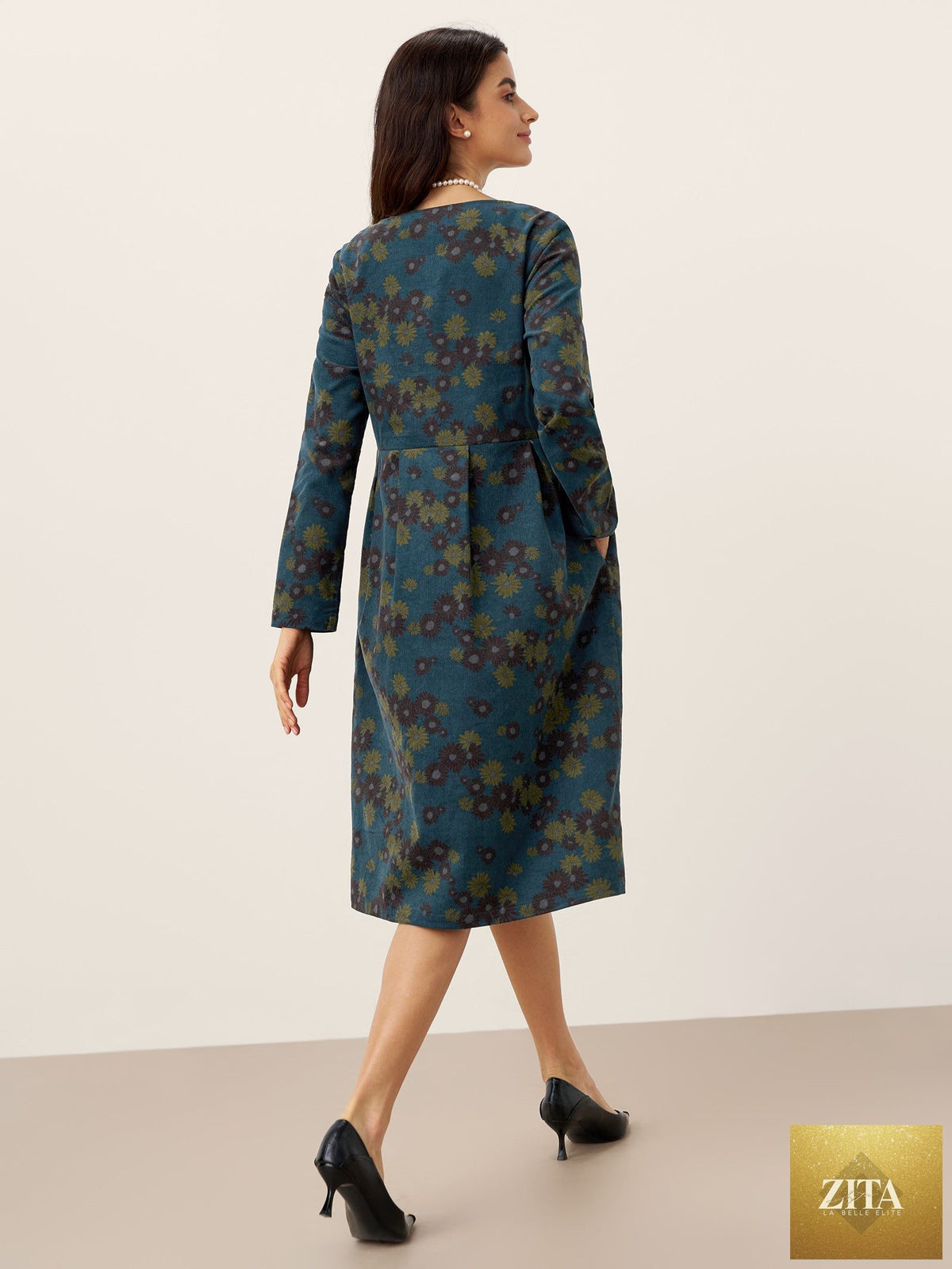 100% Organic Cotton Ruched Print Boat Neck Midi Dress CRESSIDA
