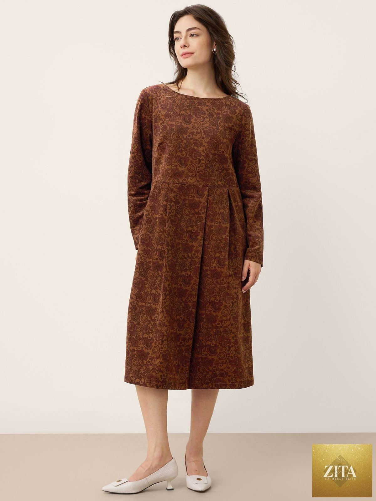 100% Organic Cotton Ruched Print Boat Neck Midi Dress CRESSIDA