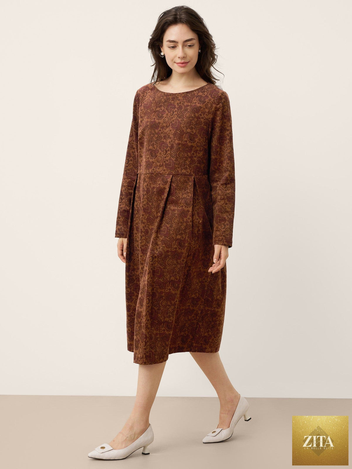100% Organic Cotton Ruched Print Boat Neck Midi Dress CRESSIDA