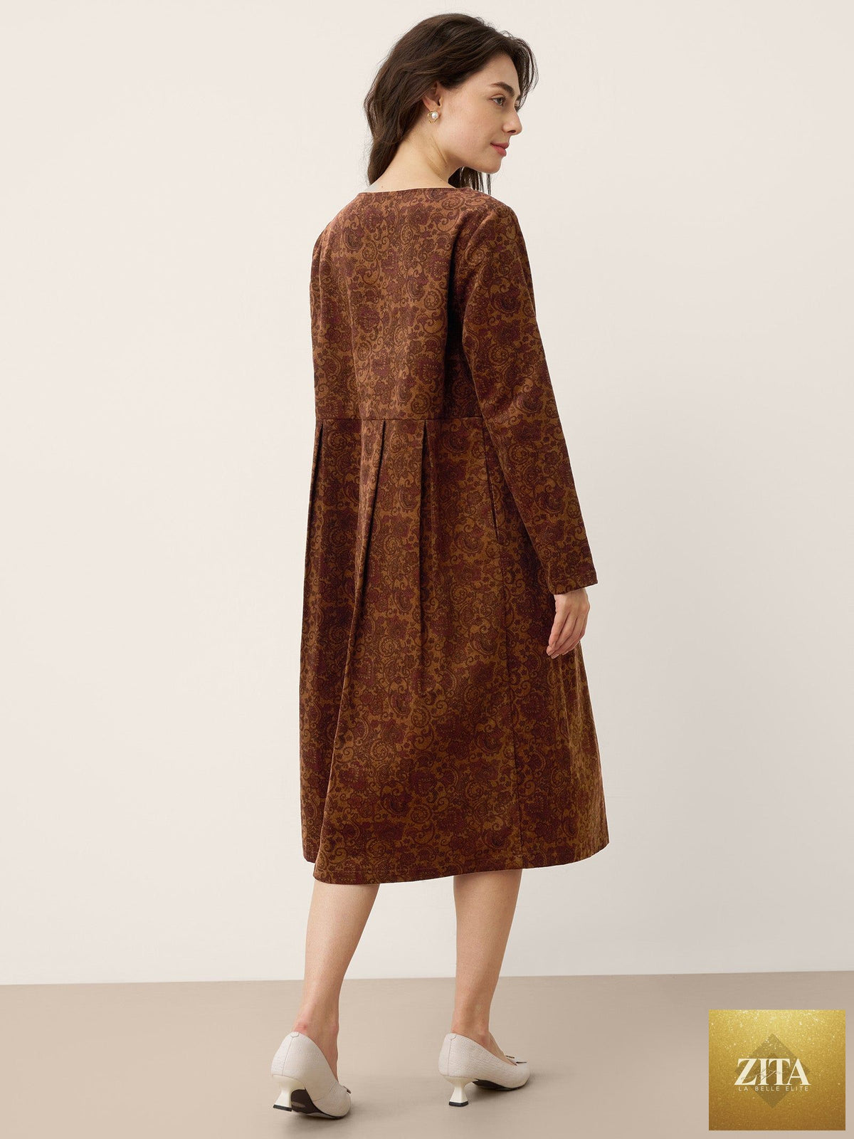 100% Organic Cotton Ruched Print Boat Neck Midi Dress CRESSIDA