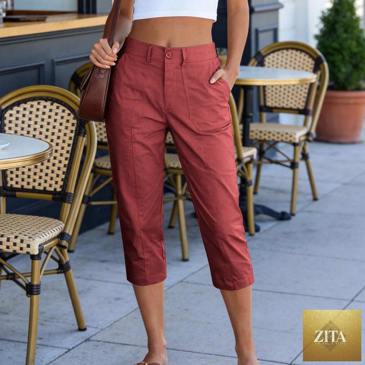 Women's solid color high waist cargo capris with patch pockets, summer casual work cropped pants by Sell My Stuff.