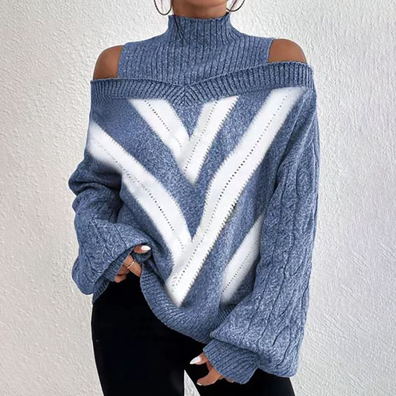 Women’s elegant off-shoulder turtleneck sweater by FitiqueFit, long sleeve knit casualwear in soft fabric, worn styled with accessories.