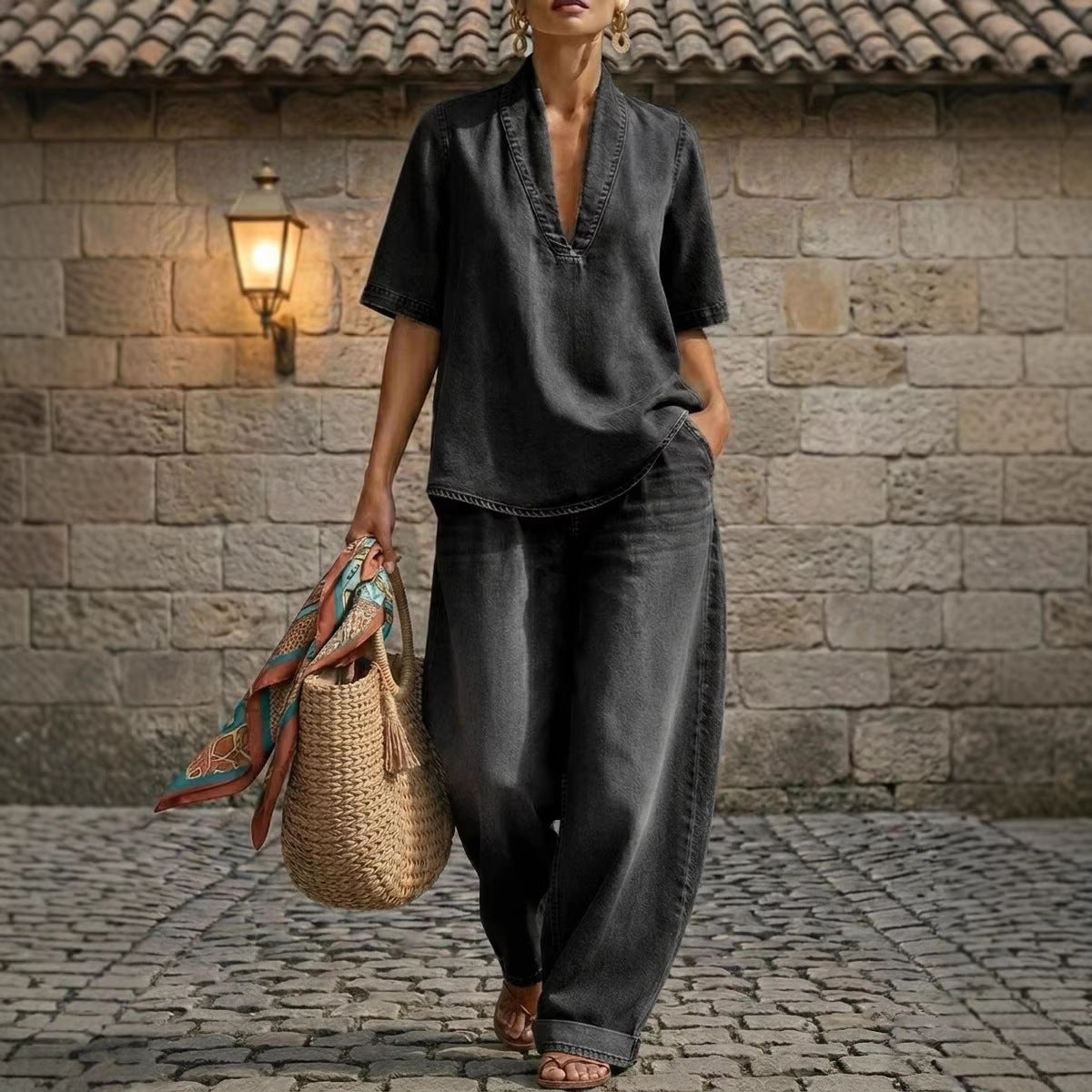Casual FitiqueFit retro V-neck washed denim top and wide-leg pants set in three colors, available in sizes S to 3XL.