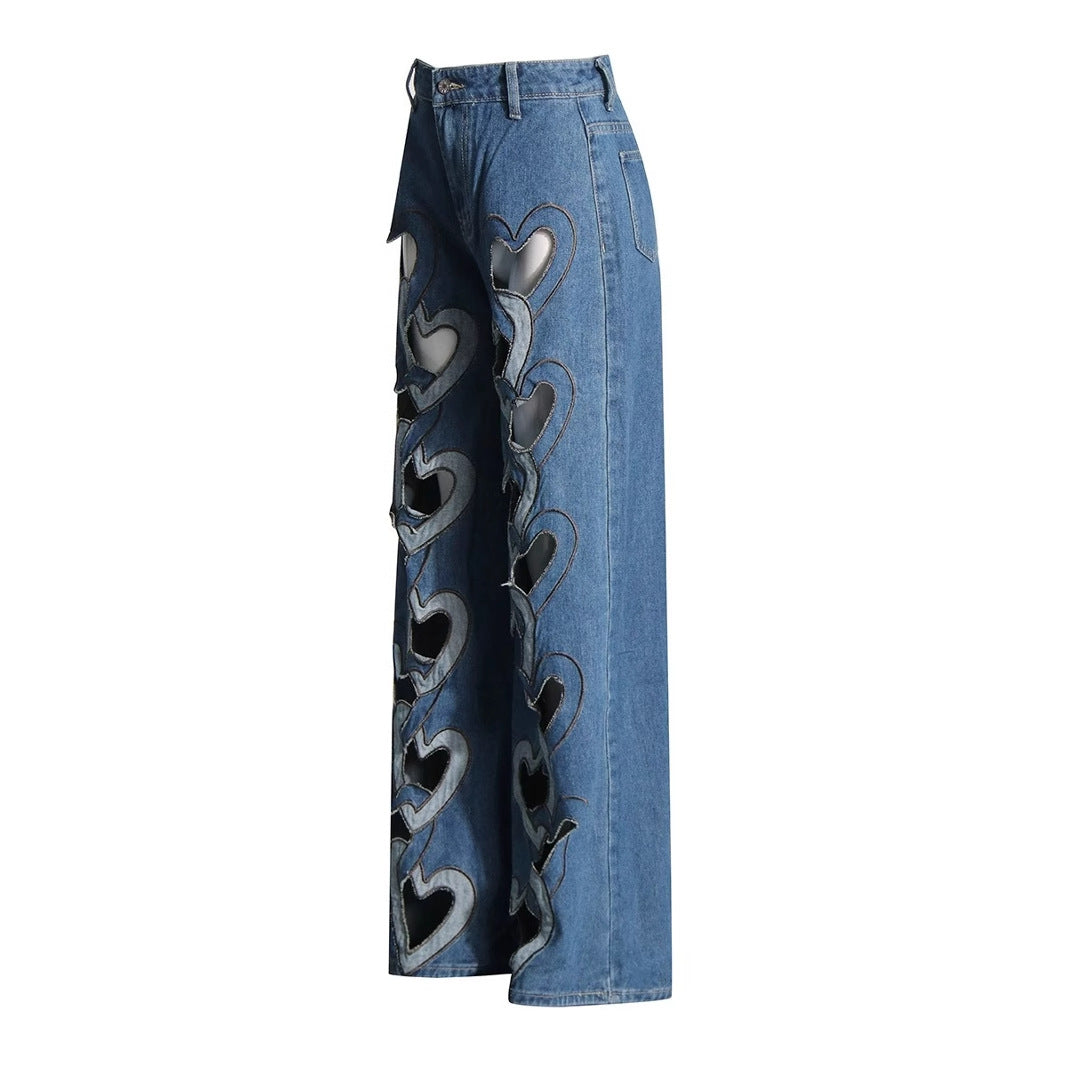 High waist hollowed heart shape wide leg jeans by FLIPSTYLEZLLC, featuring a stylish heart cutout and wide-leg design.