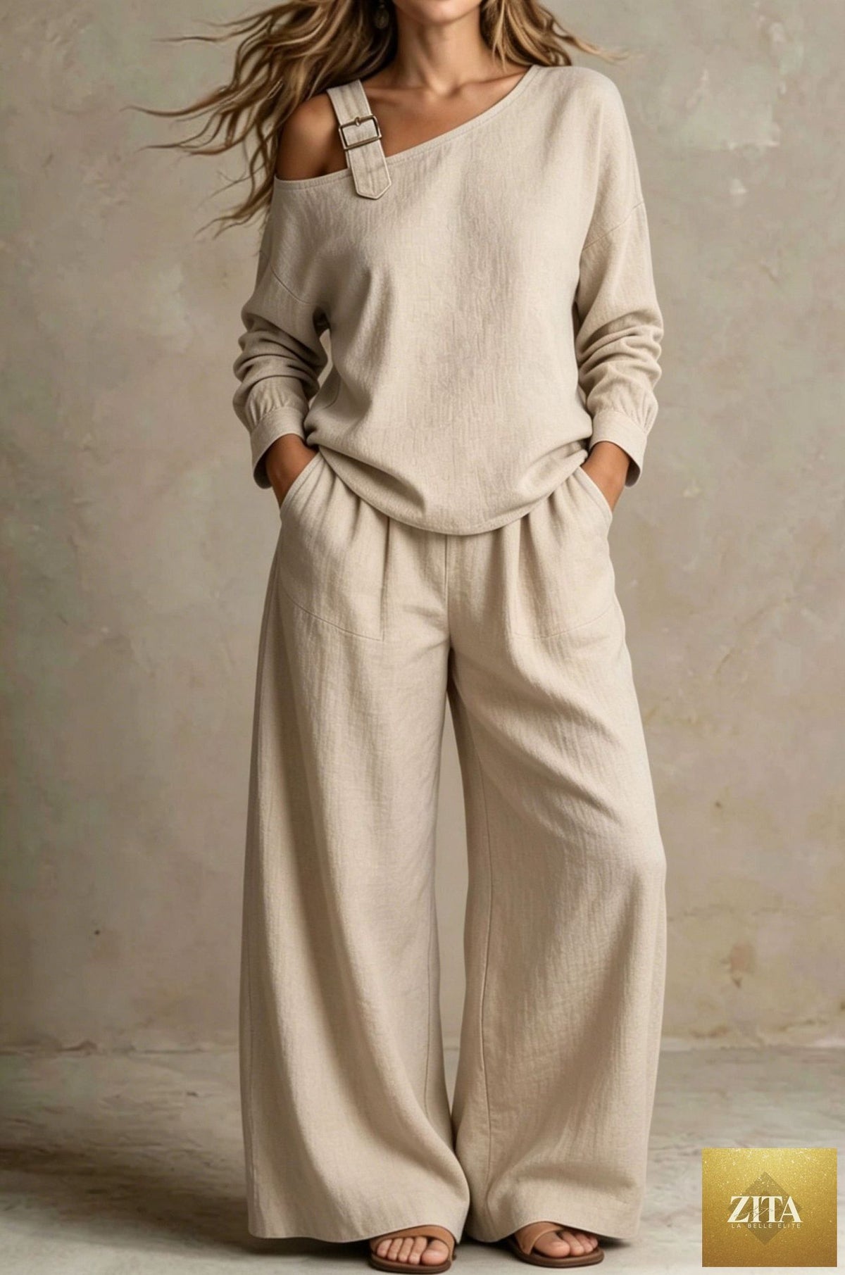 Women's One-Shoulder Buckle-Strap Long-Sleeve Linen Blend Top & Wide-Leg Palazzo Trouser Set