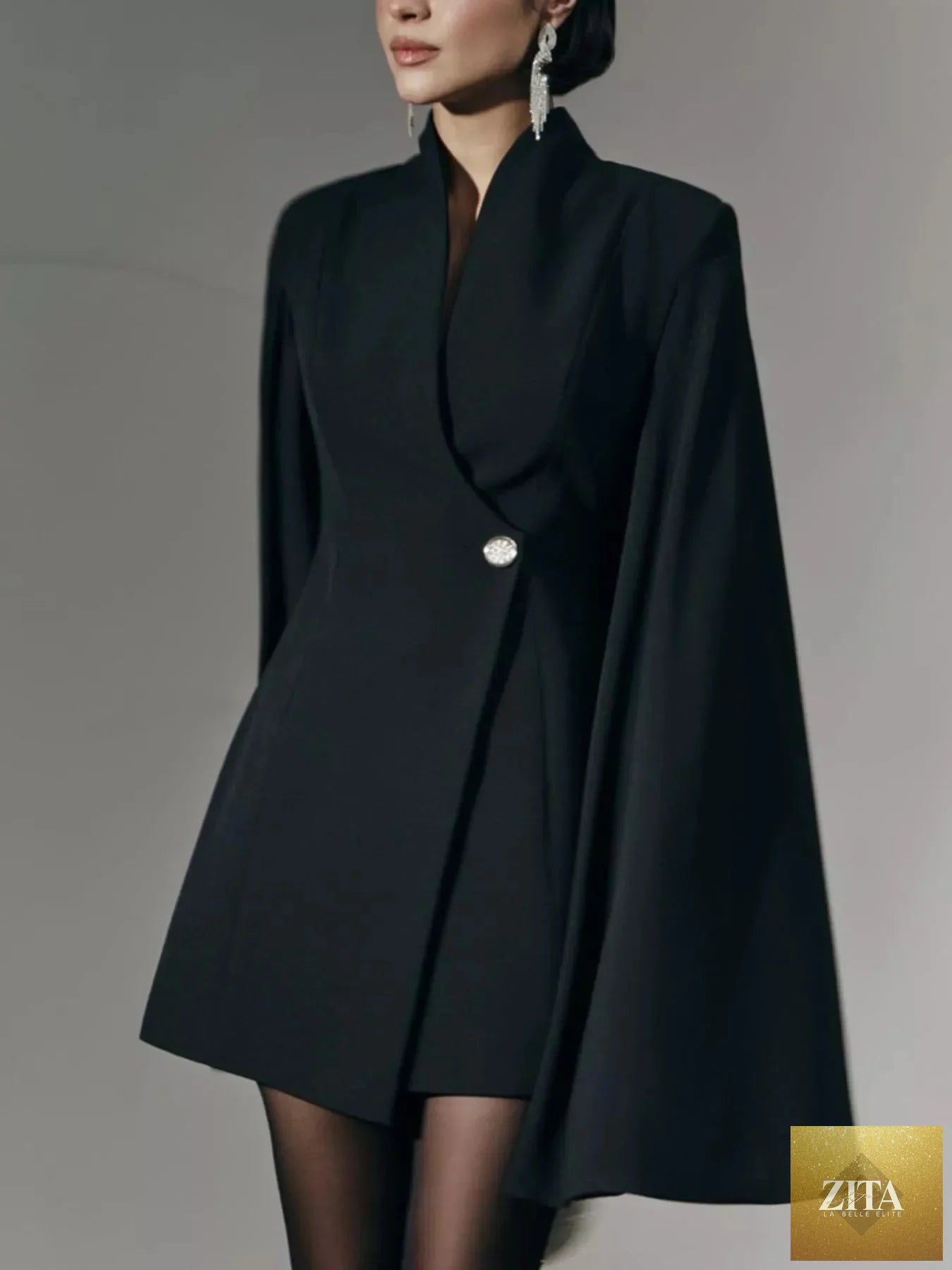 Shopiebay fitted mini blazer dress with one button and cape sleeves, tailored and stylish for modern fashion.
