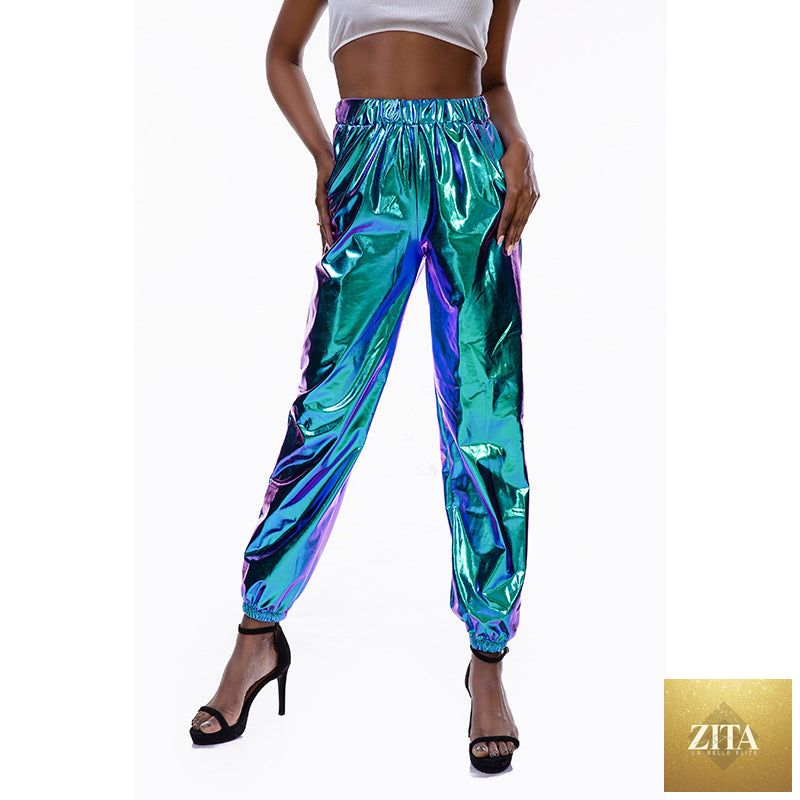 Shiny colorful hologram laser loose women’s casual sports street hip hop party trousers by Bella Mia, featuring a vibrant, reflective design.