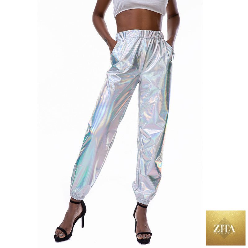Colorful hologram laser women's casual sports street hip hop trousers by Bella Mia, shiny loose-fit party and streetwear pants.