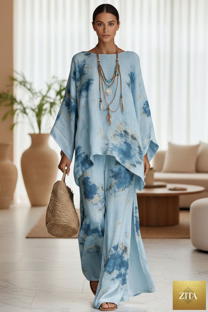 MERIDGE floral print bamboo linen two-piece set with wide-leg pants, showcasing a vibrant floral pattern and relaxed fit.