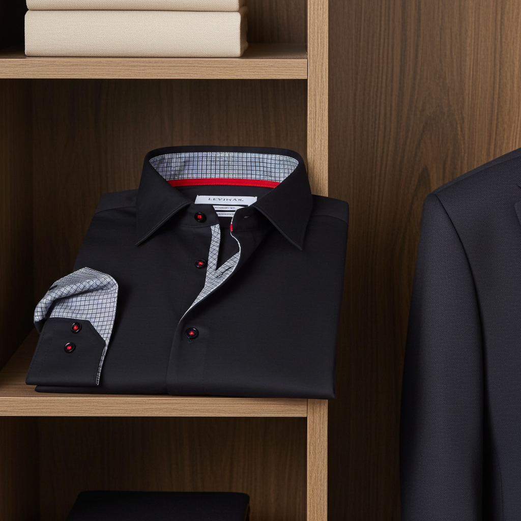 Black LEVINAS® Cotton Knit-Stretch button-up shirt with contrast details, tailored fit, and long sleeves, perfect for casual or smart wear.