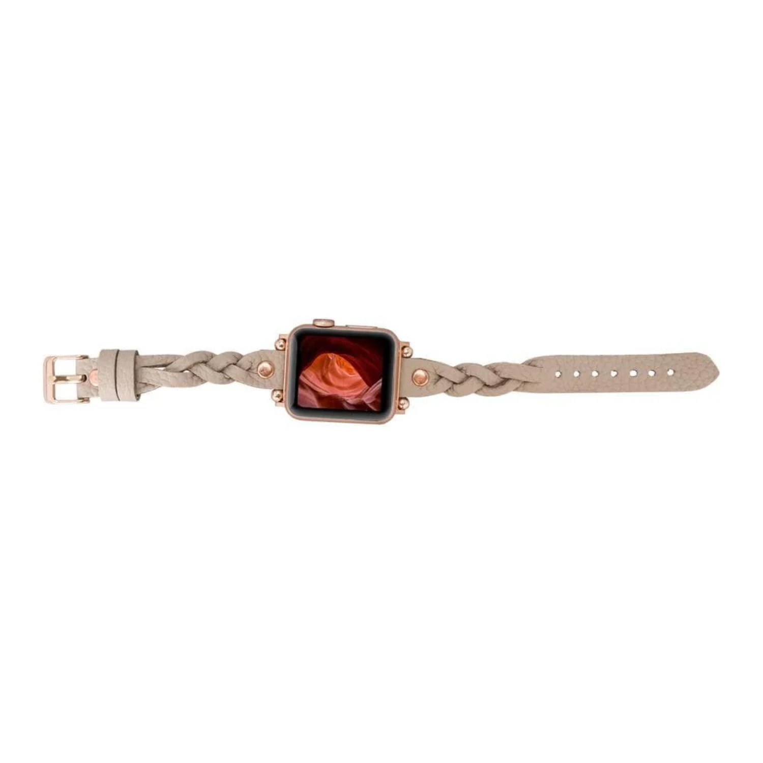 Leather Apple Watch band by LEATHERE in light beige with braided design, designed for stylish comfort and durability.