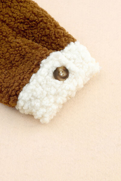 Women’s cute sherpa jacket with button closure and collared neck, featuring a retro style in beige with textured fabric.