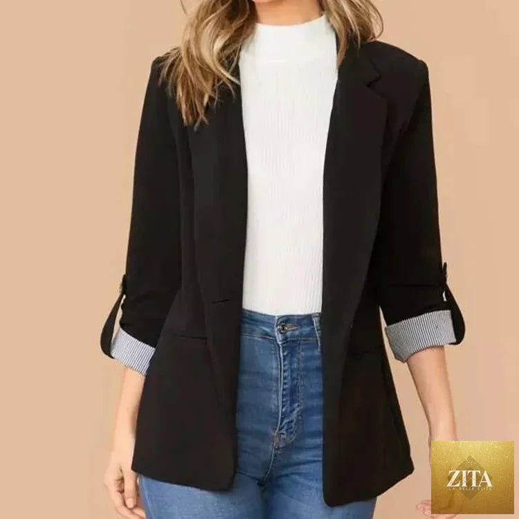 SITRA lapel collar blazer with roll-tab sleeves, tailored fit, and classic design, displayed on a mannequin.