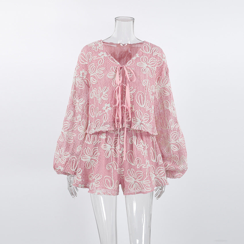 FitiqueFit V-neck long sleeve lace-up top and matching shorts two-piece set, stylish and casual women's fashion ensemble.